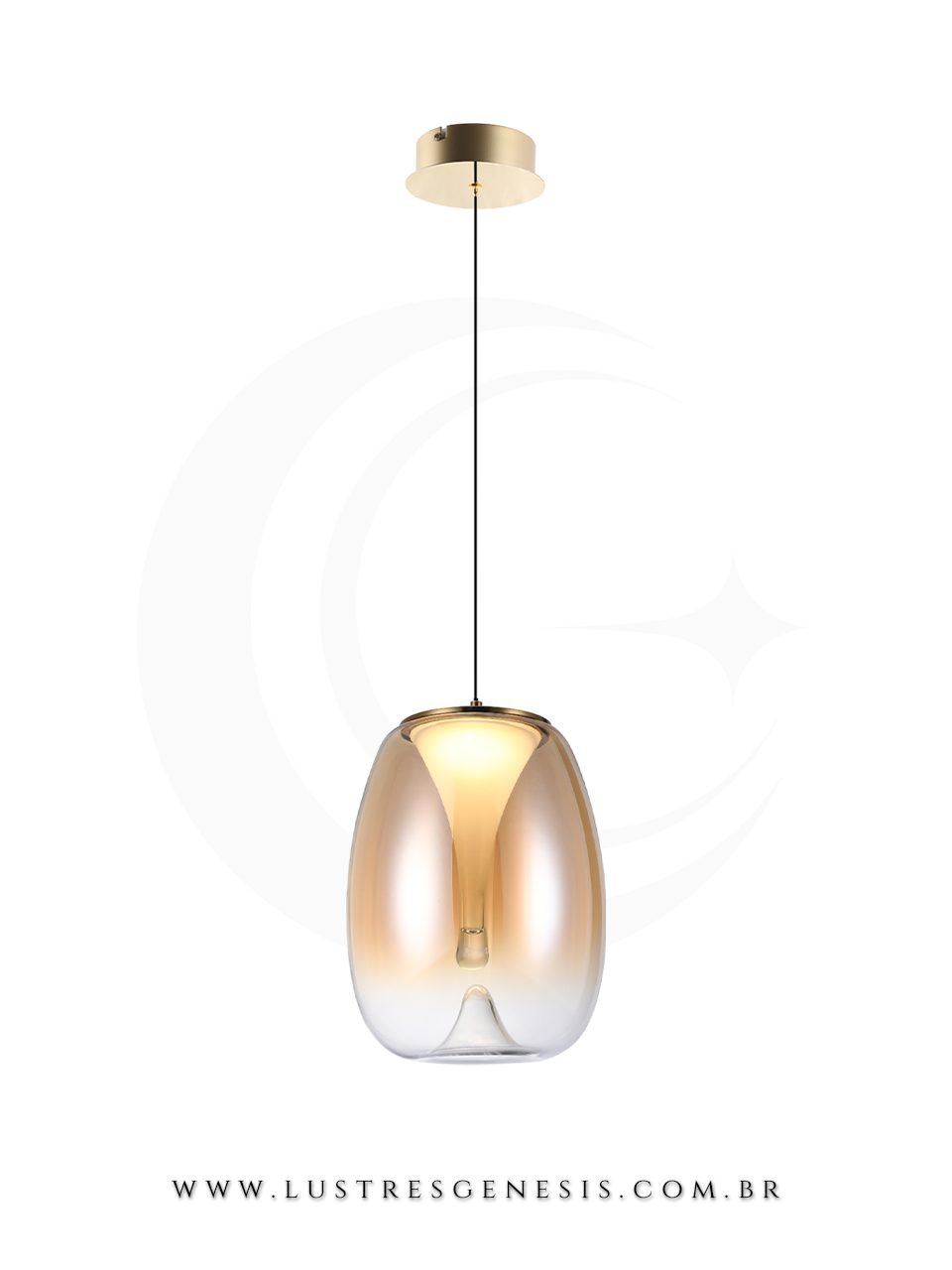 Pendente de Teto Bivolt 15W Metal Dourado e Vidro Fum&ecirc;